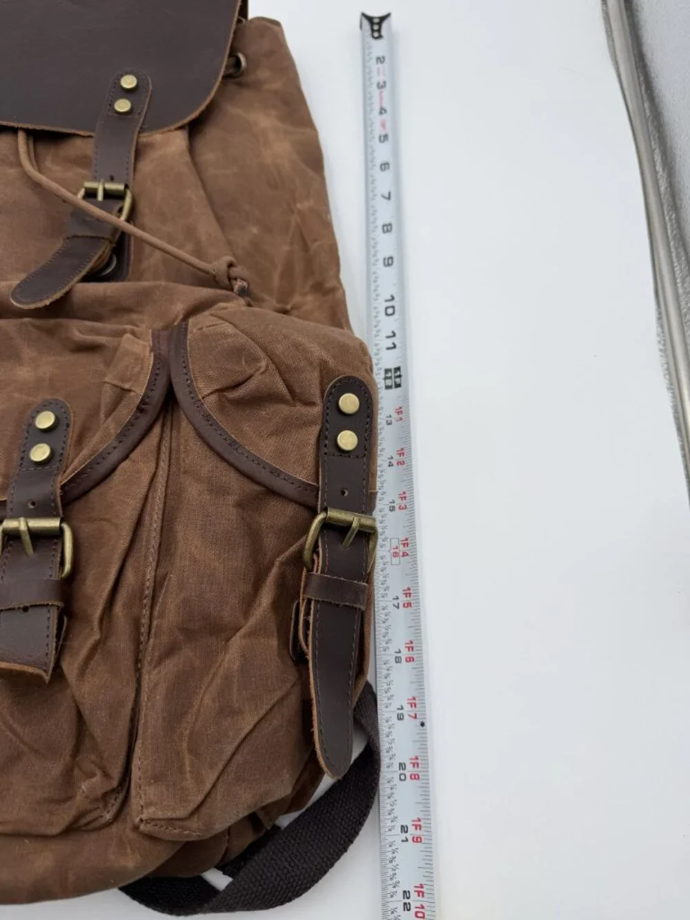 Waxed Canvas Leather Backpack Brown Drawstring Rucksack Brass Buckle Pockets